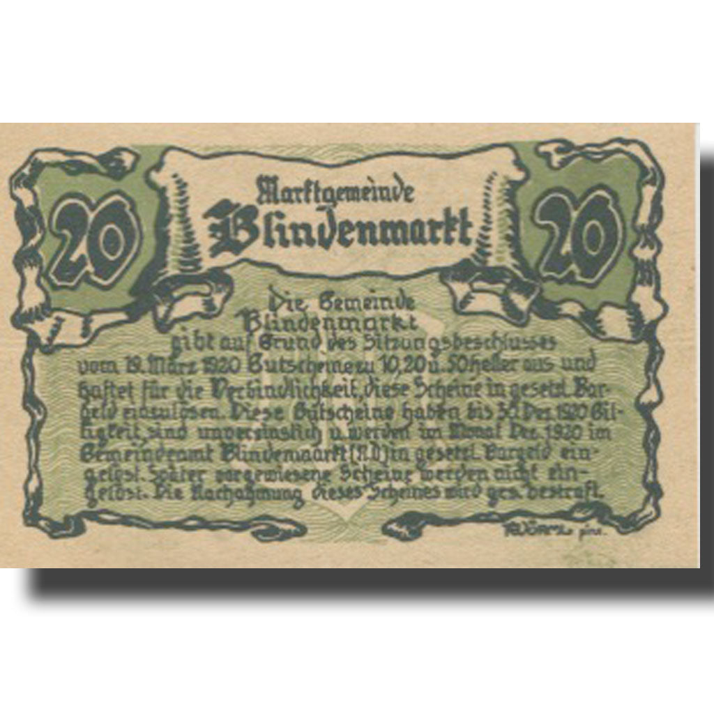 Banknote, Austria, Blindenmarkt, 20 Heller, Eglise, 1920 UNC(63) Mehl:FS 93IIa
