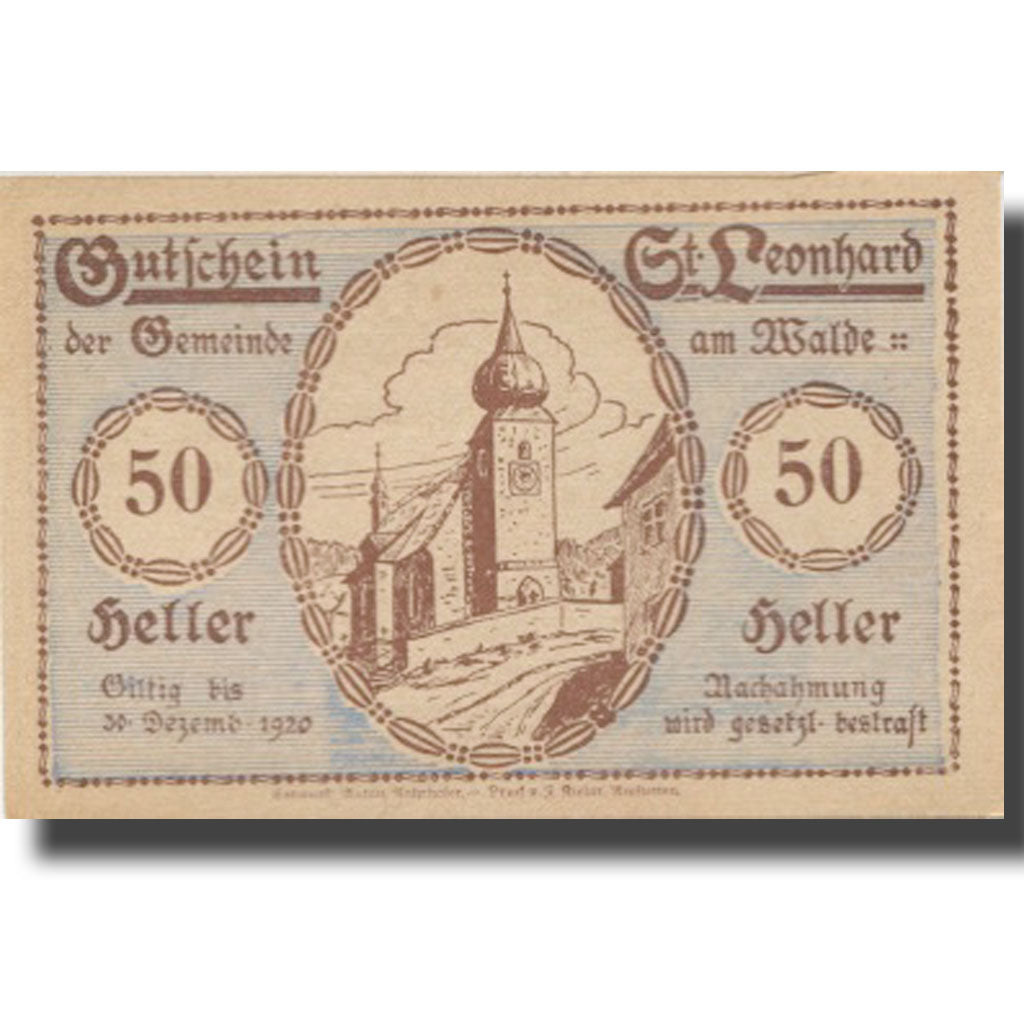 Banknote, Austria, St Leonhard, 50 Heller, Eglise, 1920 UNC(63) Mehl:FS 902b