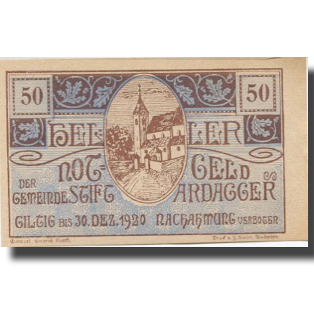 Banknote, Austria, Stift Ardagger, 50 Heller, Eglise, 1920 UNC(63) Mehl:FS 51Bd