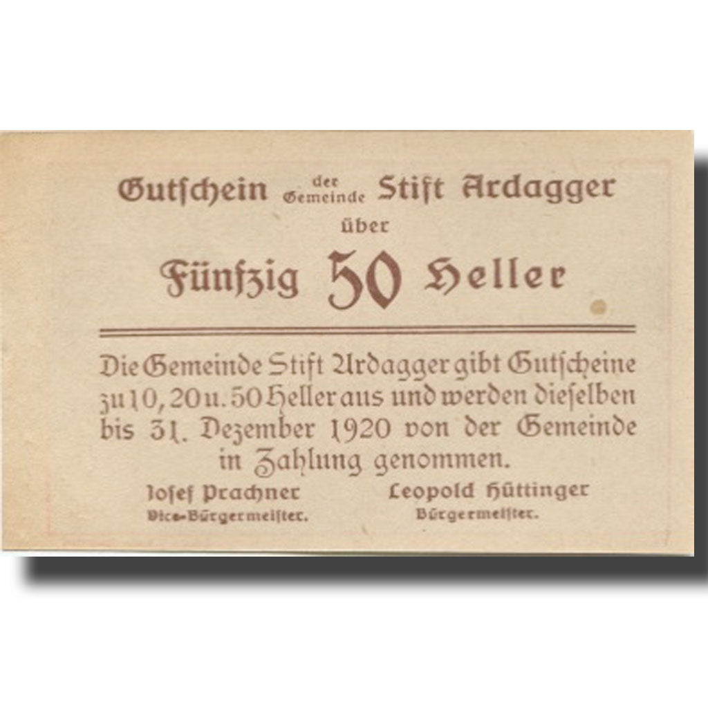 Banknote, Austria, Stift Ardagger, 50 Heller, Eglise, 1920 UNC(63) Mehl:FS 51Bd