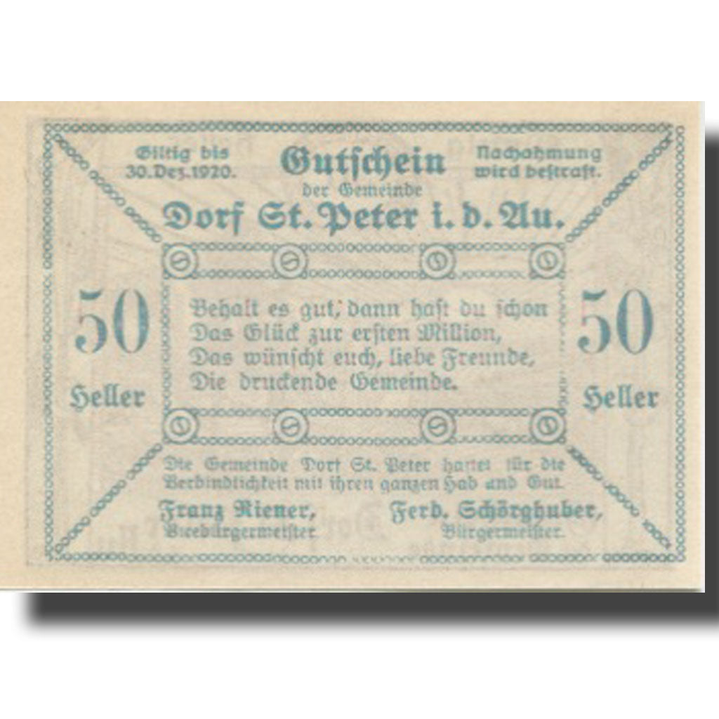 Banknote, Austria, St Peter I/d Au, 50Heller champs, 1920 UNC(63) Mehl:FS 923Ab