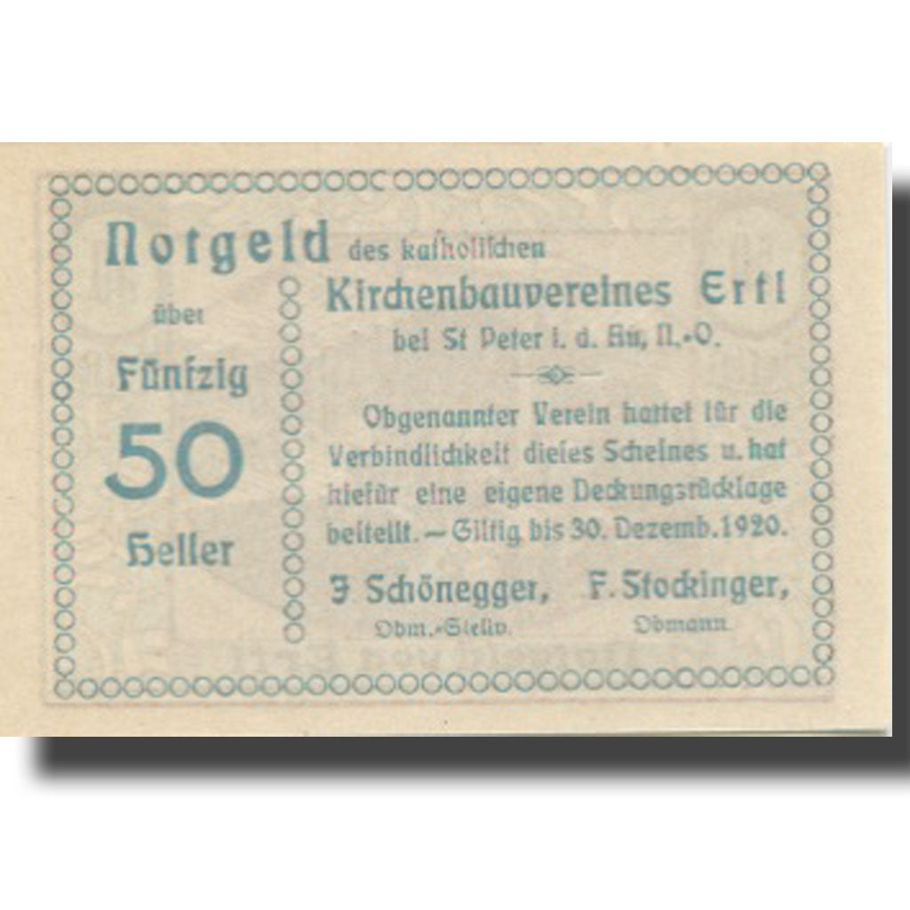 Banknote, Austria, Ertl, 50 Heller, paysage, 1920, UNC(63), Mehl:FS 185b