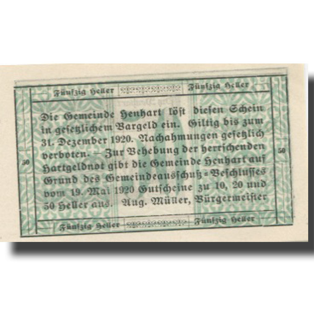 Banknote, Austria, Henhart, 50 Heller, village, 1920 UNC(63) Mehl:FS 366a