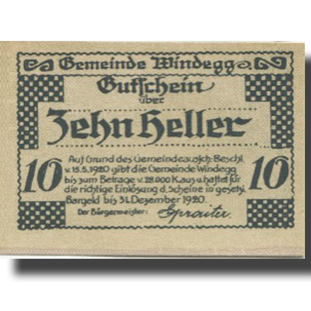 Banknote, Austria, Windegg, 10 Heller, paysage, 1920, UNC(63) Mehl:FS 1241Ia