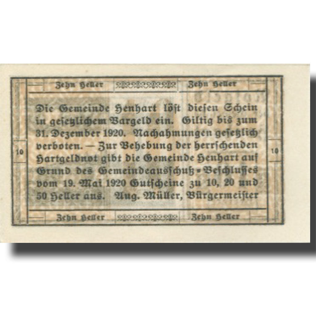 Banknote, Austria, Henhart, 10 Heller, Blason, 1920 UNC(63) Mehl:FS 366a