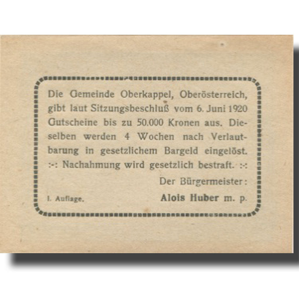 Banknote, Austria, Oberkappel, 50 Heller, Maison, 1920 UNC(63) Mehl:FS 684a
