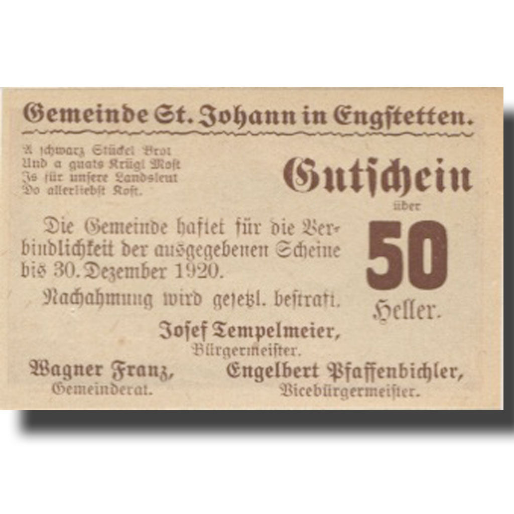 Banknote, Austria, St Johann, 50 Heller, village, 1920 UNC(63) Mehl:FS 897