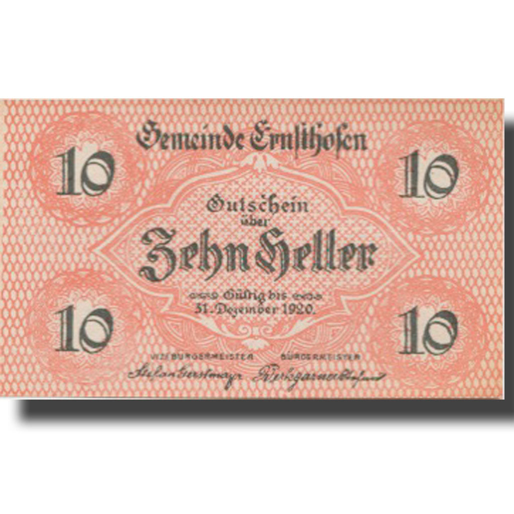 Banknote, Austria, Ernsthofen, 10 Heller, Eglise, 1920 UNC(63) Mehl:FS 184a