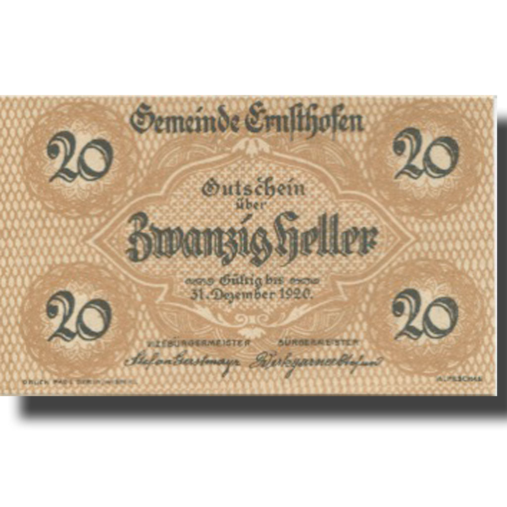 Geldschein, Österreich, Ernsthofen, 20 Heller, Eglise 1, 1920 UNZ Mehl:FS 184a