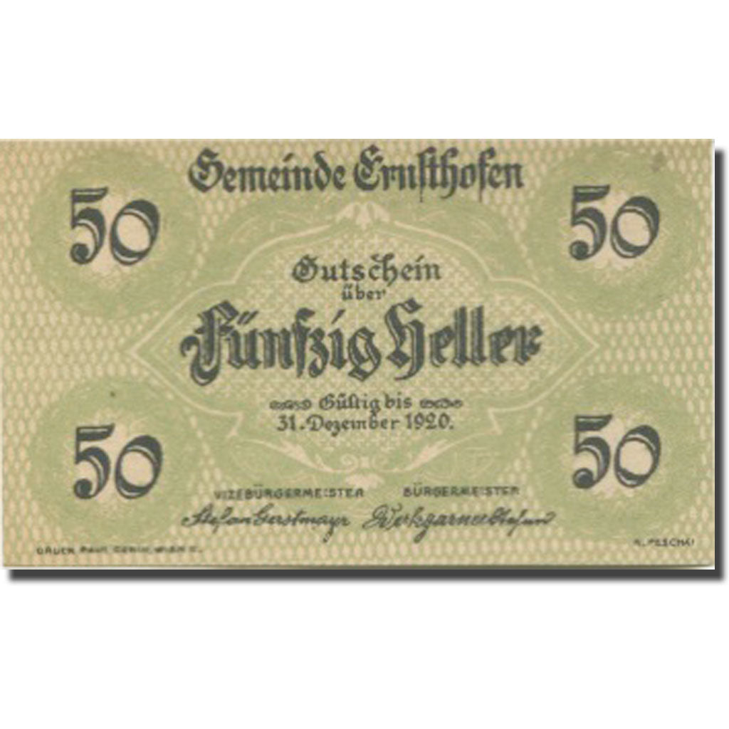 Banknote, Austria, Ernsthofen, 50 Heller, église 2, 1920, UNC(63) Mehl:FS 184a