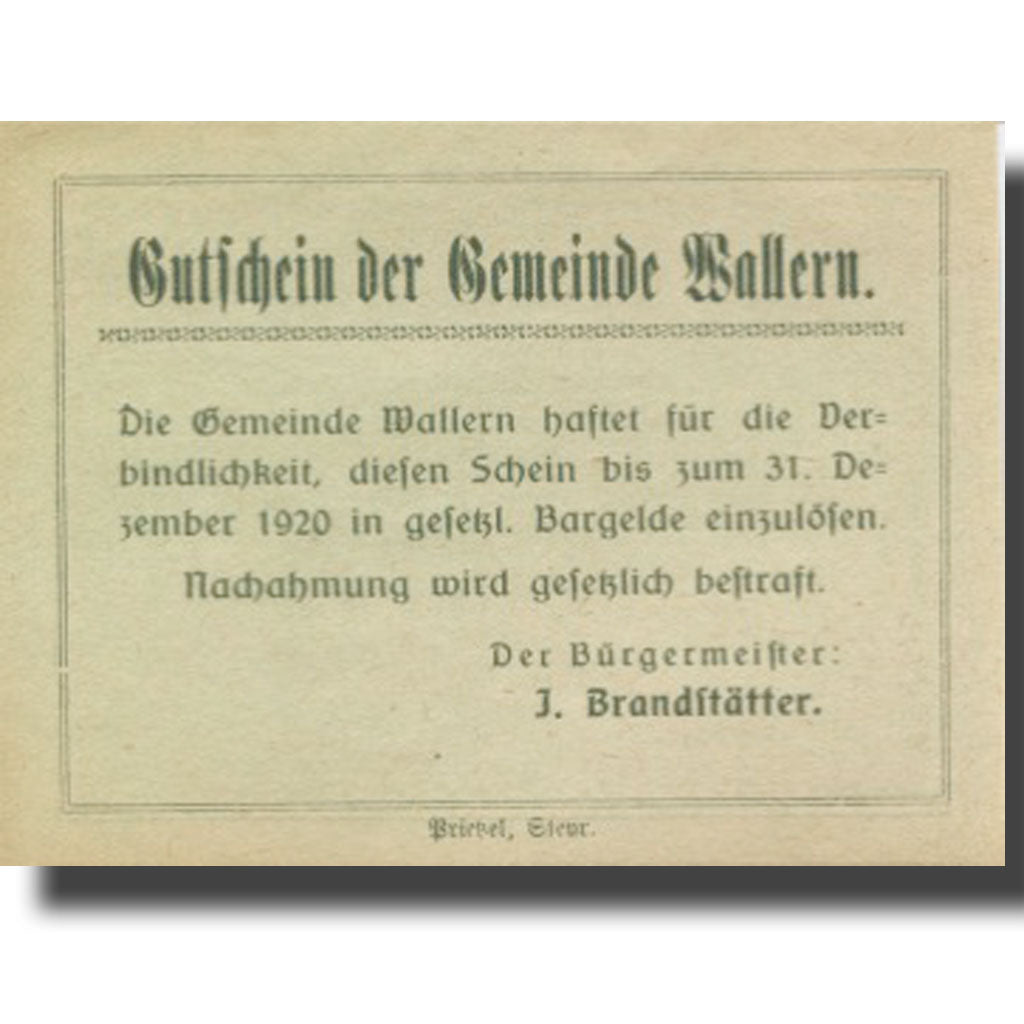 Banknote, Austria, Wallern, 50 Heller, paysage, 1920 UNC(63) Mehl:FS 1136a