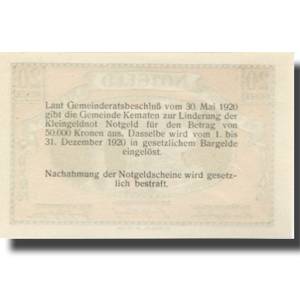 Banknote, Austria, Kematen, 20 Heller, pont 1920-12-31, UNC(63), Mehl:FS 431