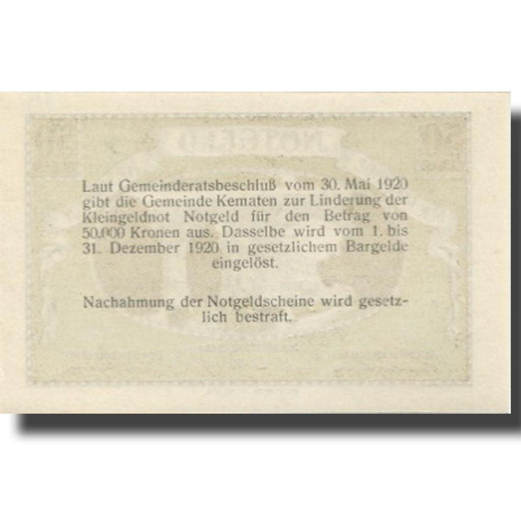 Banknote, Austria, Kematen, 50 Heller, pont 1, 1920 UNC(63) Mehl:FS 431