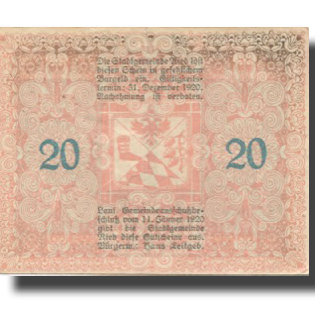 Banknote, Austria, Ried, 20 Heller, Monument 1920-12-31, UNC(63), Mehl:FS 834IIa