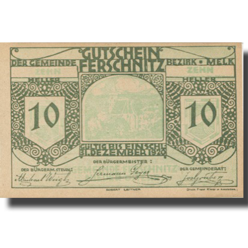 Banknote, Austria, Ferschnitz, 10 Heller, Eglise, 1920 UNC(63) Mehl:FS 198a