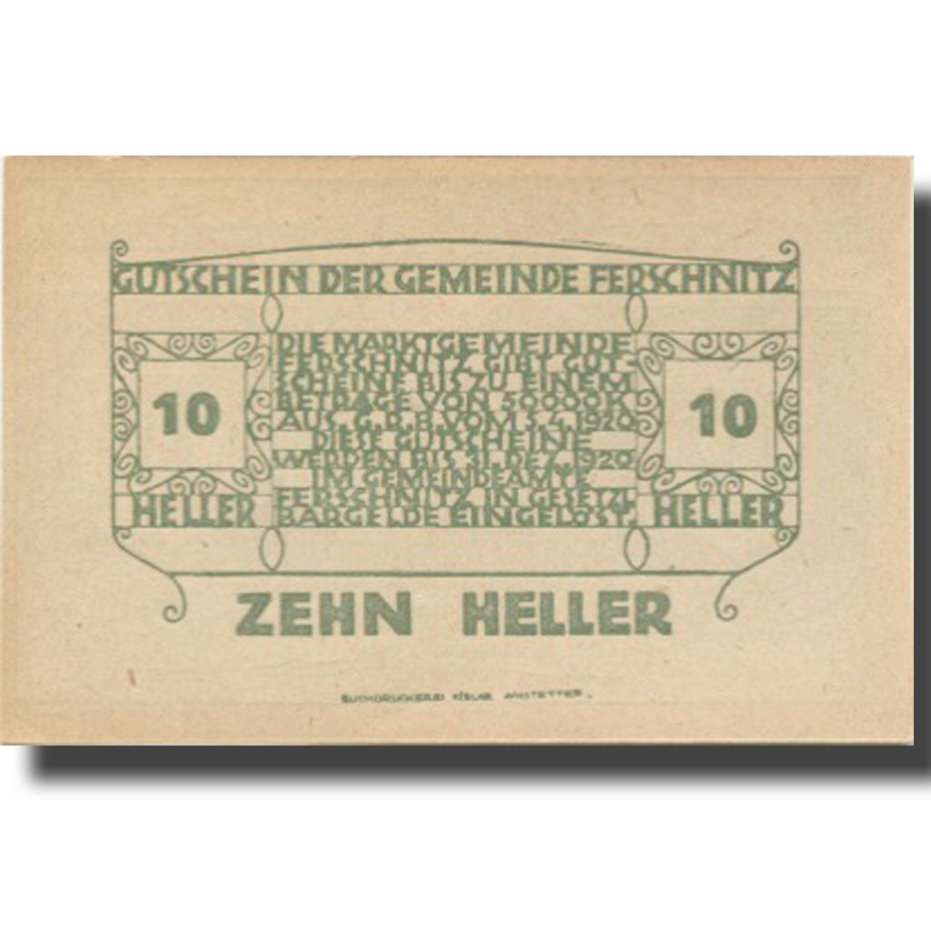Banknote, Austria, Ferschnitz, 10 Heller, Eglise, 1920 UNC(63) Mehl:FS 198a