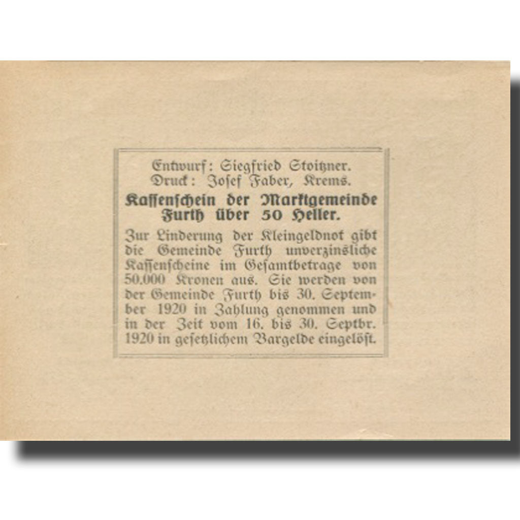 Banknote, Austria, Furth, 50 Heller, rue 1920-09-30, UNC(63), Mehl:FS 214c