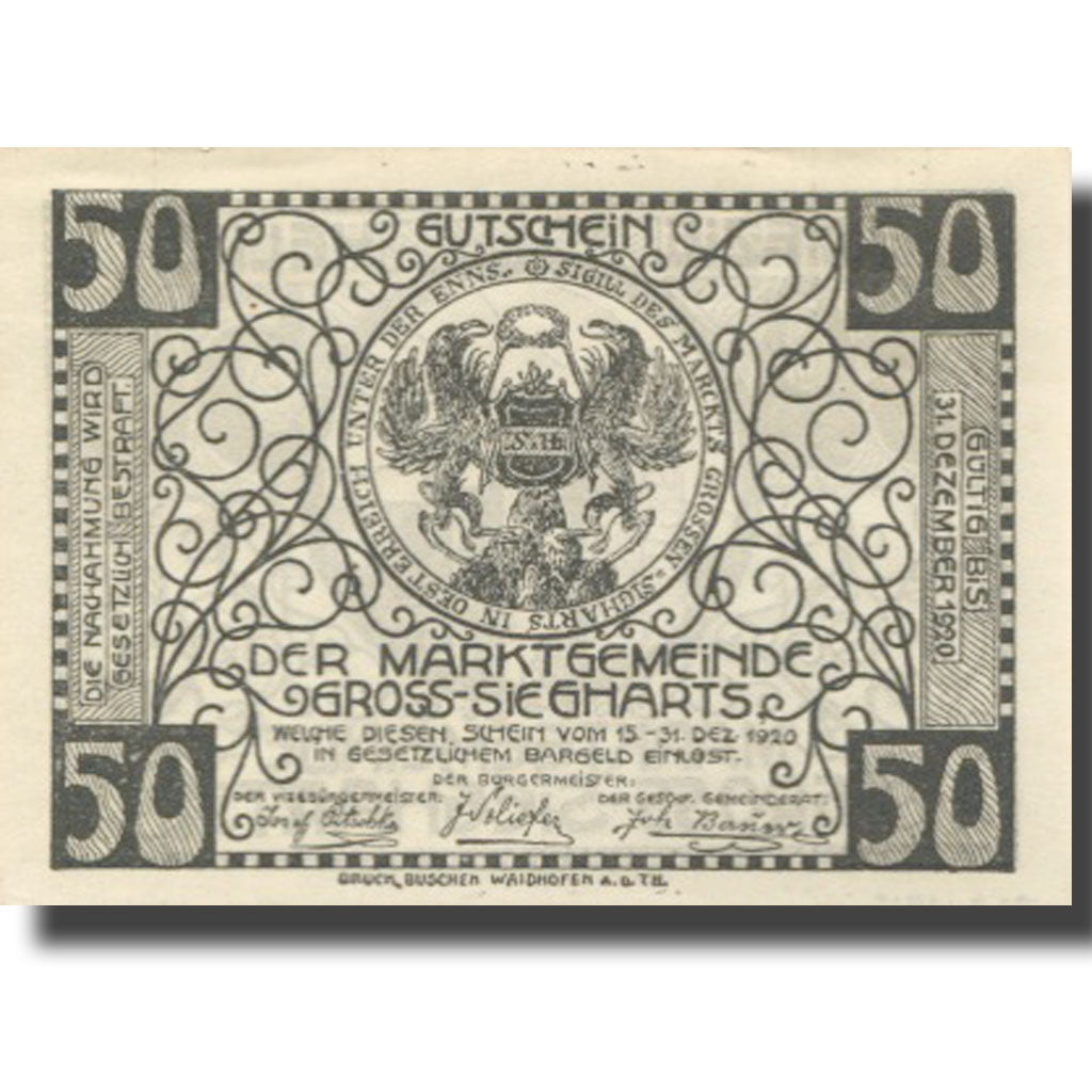 Banknote, Austria, Gross-Siegharts, 50 Heller, Blason, 1920 UNC(63) Mehl:FS 297a