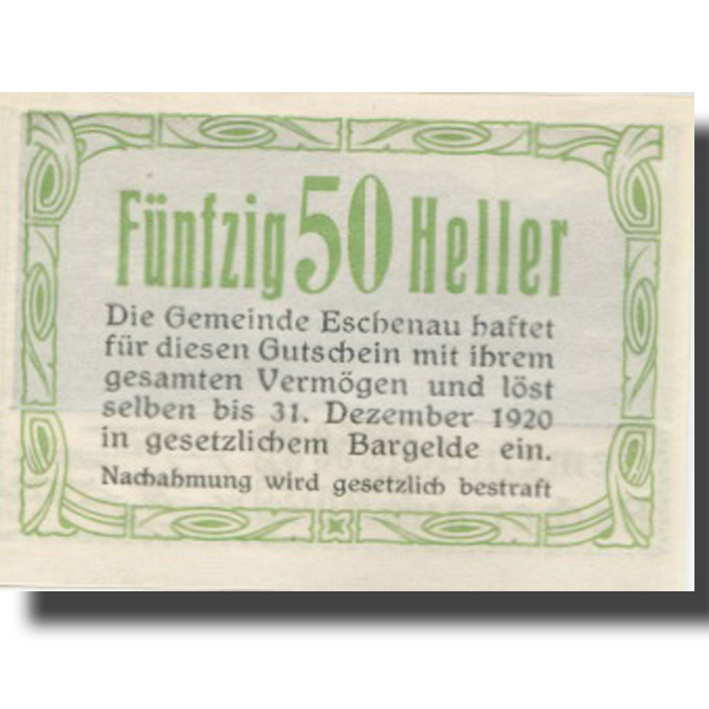 Banknote, Austria, Eschenau, 50 Heller, paysage, 1920 UNC(63) Mehl:FS 186c