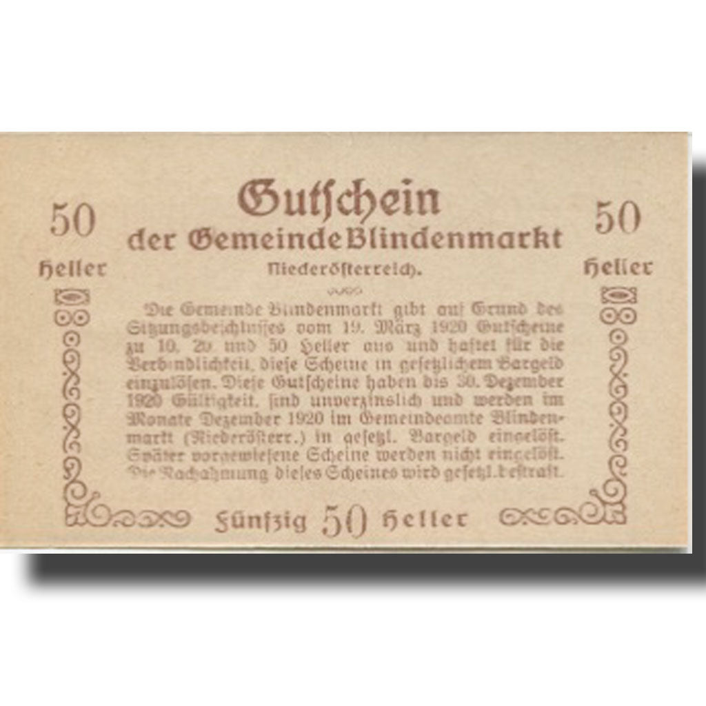 Banknote, Austria, Blindenmarkt, 50 Heller face value 1920 UNC(63) Mehl:FS 93Ih