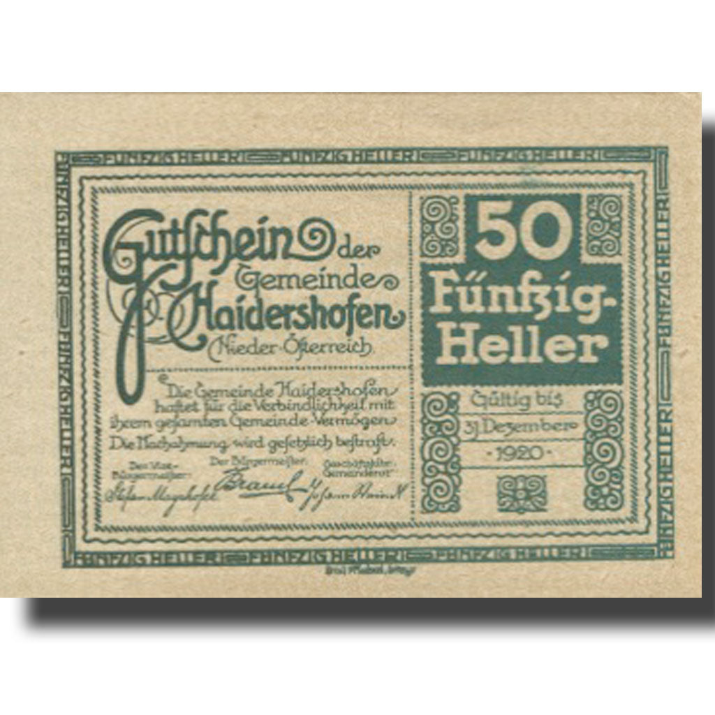 Banknote, Austria, Haidershofen, 50 Heller, village, 1920 UNC(63) Mehl:FS 335Ia