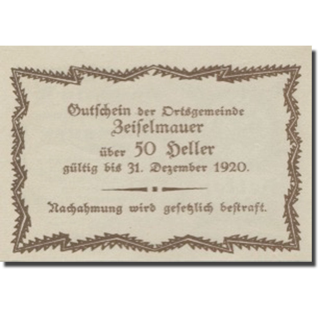 Billet, Autriche, Zeiselmauer, 50 Heller valeur faciale, 1920, SPL Mehl:FS 1265a
