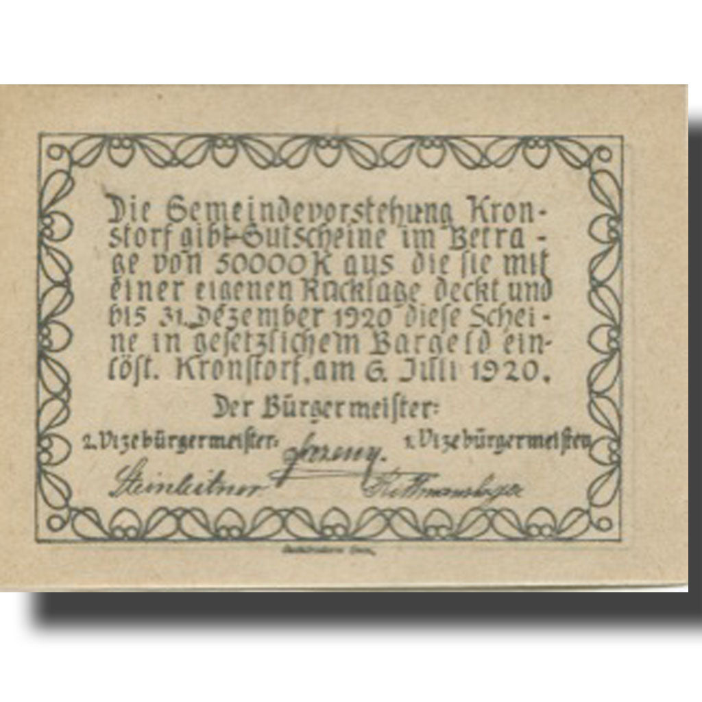 Banknote, Austria, Kronstorf, 20 Heller, parchemin, 1920 UNC(63) Mehl:FS 486a