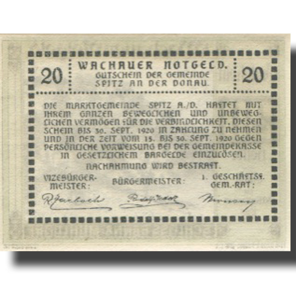 Banknote, Austria, Spitz a/d Donau 20 Heller 1920 castle UNC(63) Mehl:FS 1122.7a