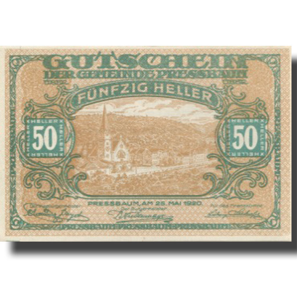 Banknote, Austria, Pressbaum, 50 Heller, paysage, 1921 UNC(63) Mehl:FS 784a