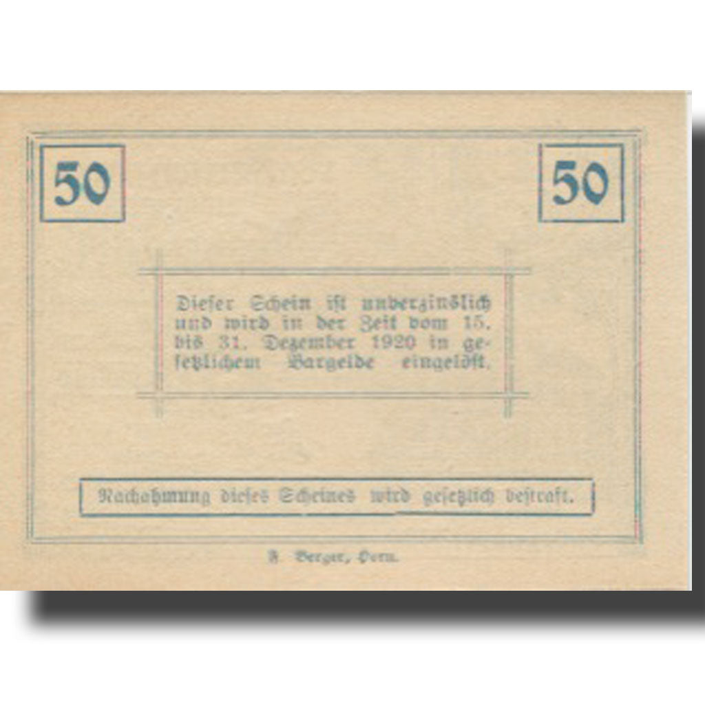 Banknote, Austria, Ziersdorf, 50 Heller, Blason, 1920 UNC(63) Mehl:FS 1276a