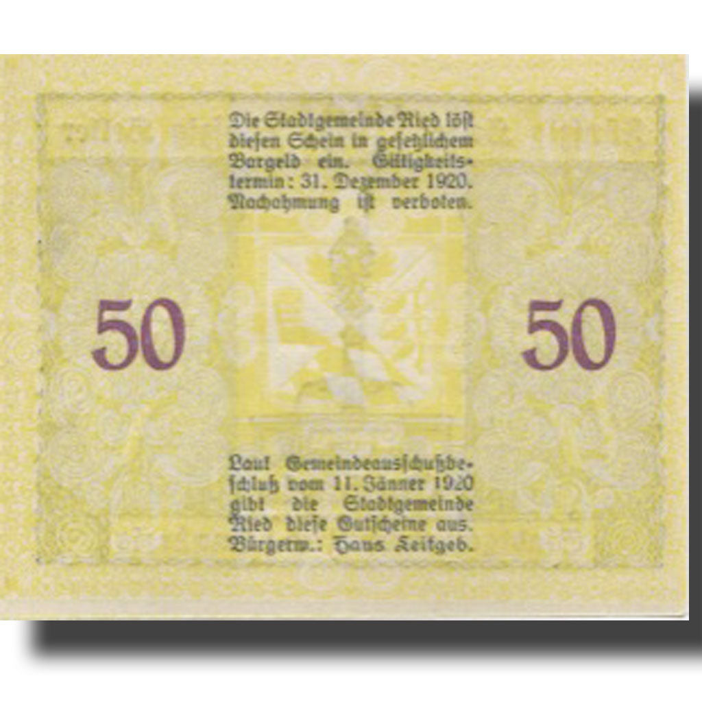 Banconote, Austria, Ried im Innkreis, 50Heller Monument, 1920 SPL Mehl:FS 834IIa