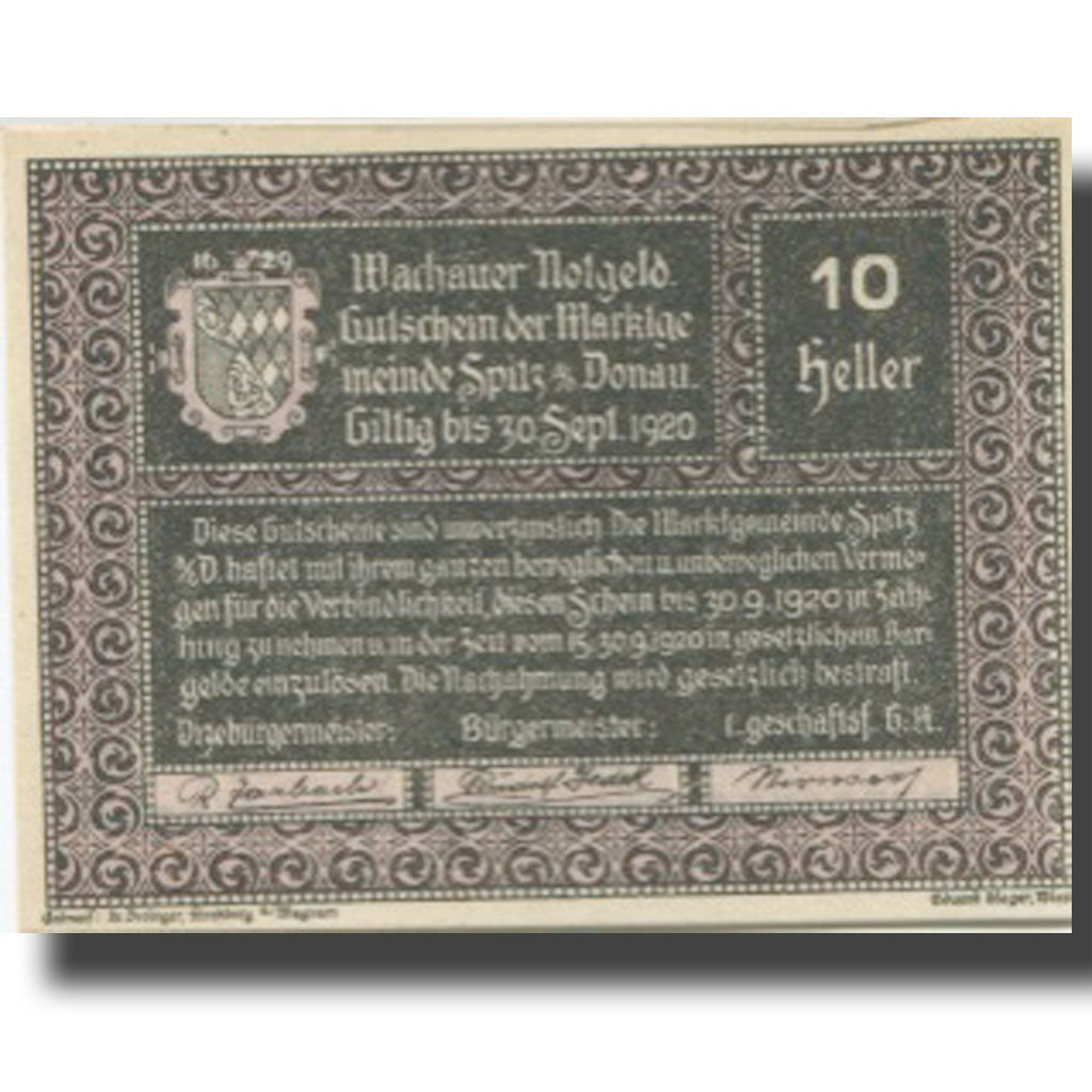 Banknote Austria Spitz a/d Donau 10 Heller, Blason, 1920 UNC(63) Mehl:FS 1122.12
