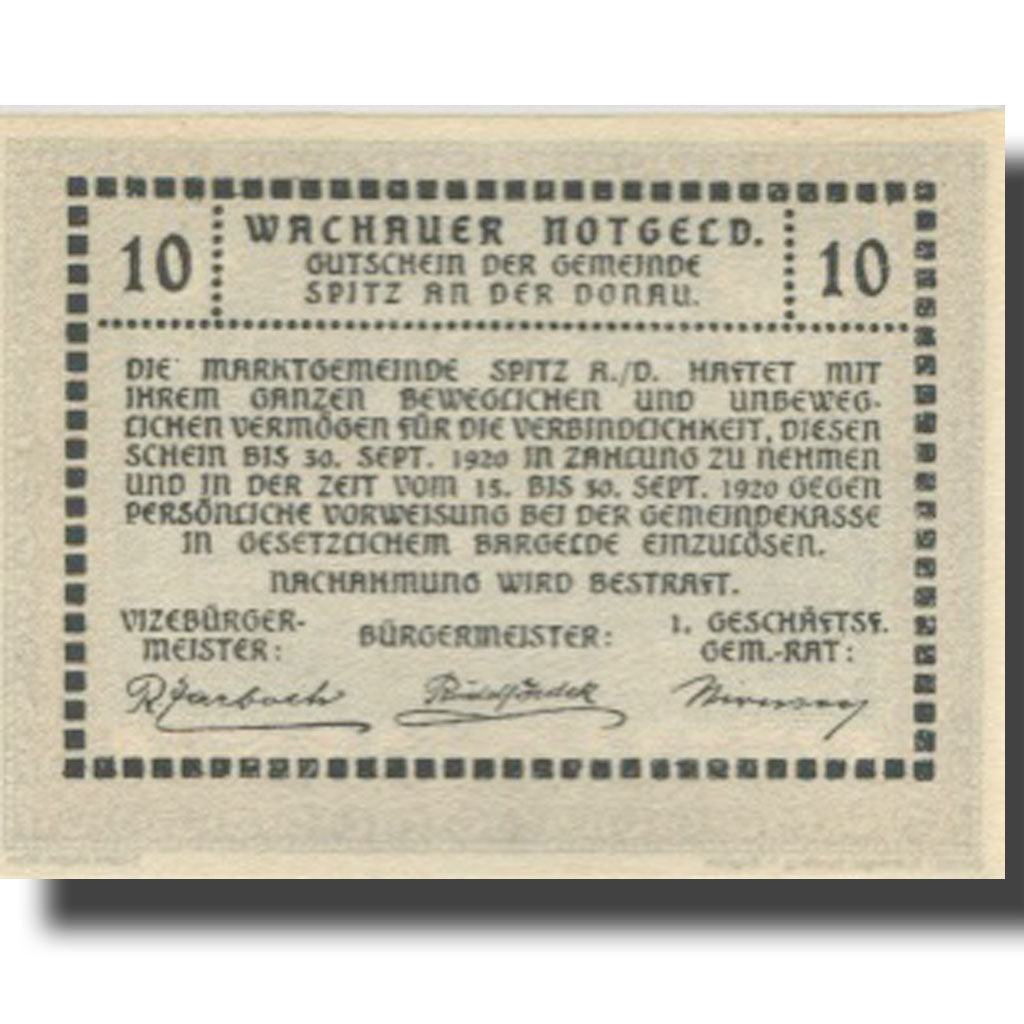 Banknote Austria Spitz a/d Donau 10 Heller, Blason, 1920 UNC(63) Mehl:FS 1122.12