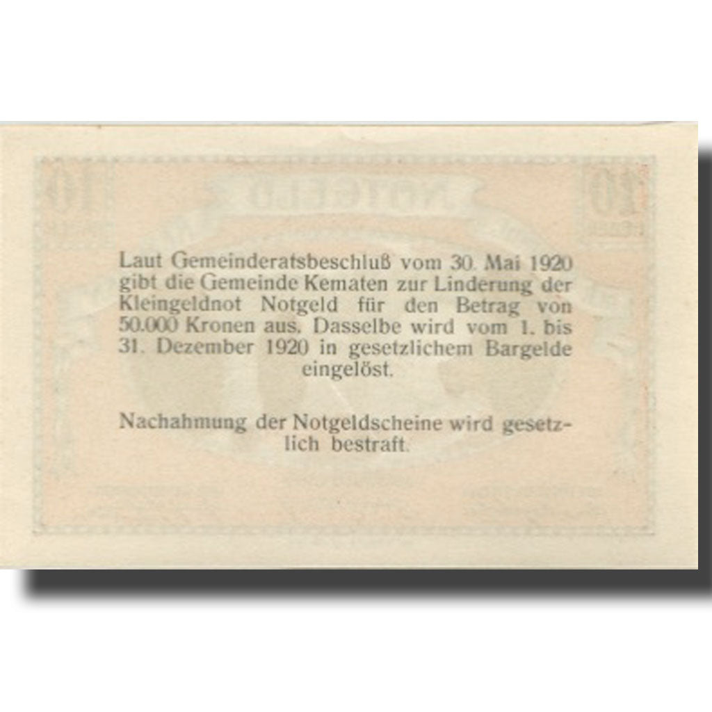 Banknote, Austria, Kematen, 10 Heller, pont 1920-12-31, UNC(63), Mehl:FS 431
