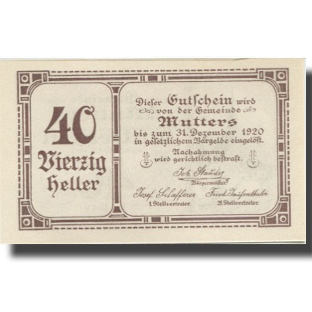 Banknote, Austria, Mutters, 40 Heller, Eglise, 1920 UNC(63) Mehl:FS 641a