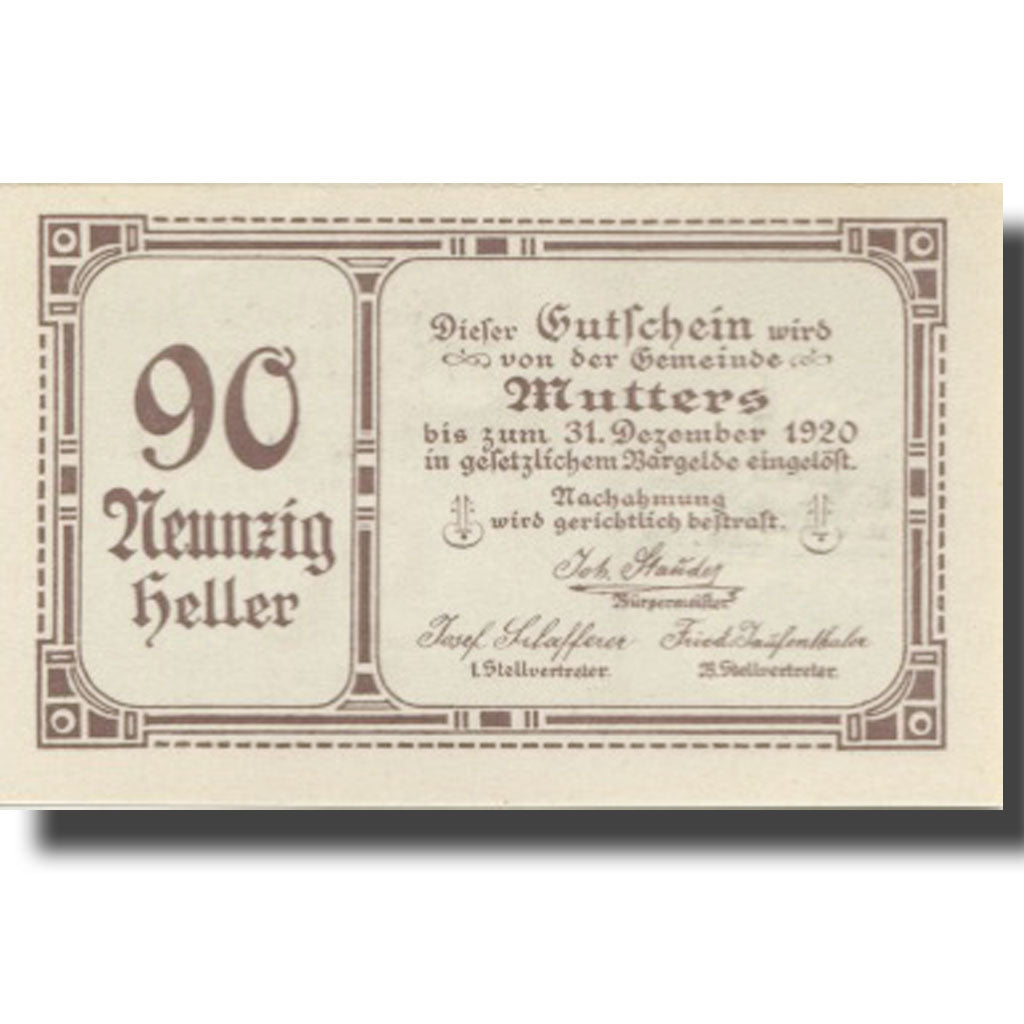 Banknote, Austria, Mutters, 90 Heller, montagne, 1920 UNC(63) Mehl:FS 641a