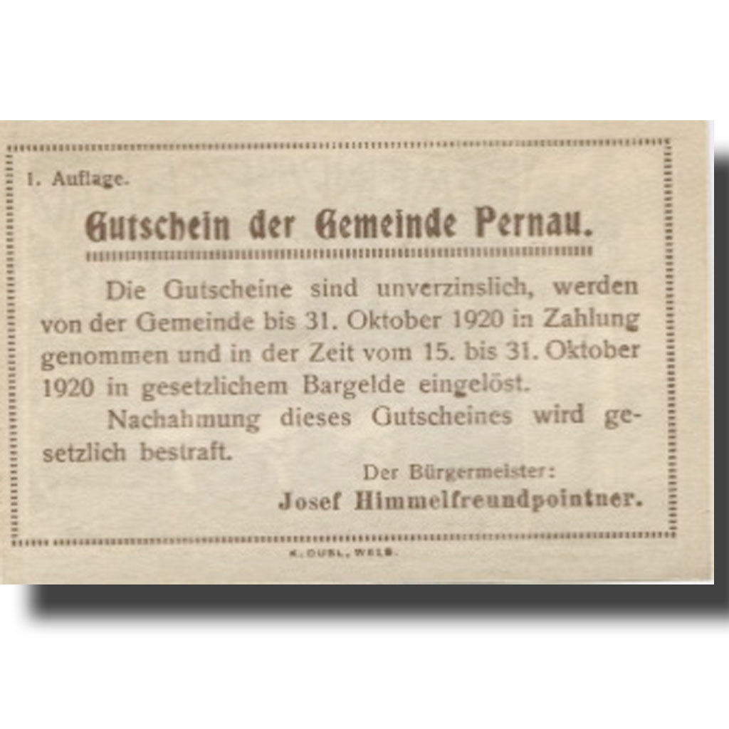 Banknote, Austria, Pernau, 10 Heller, Monument, 1920 UNC(63) Mehl:FS 1049