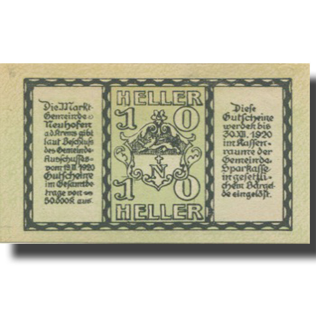Banknote, Austria, Neuhofen, 10 Heller, Blason, 1920 UNC(63) Mehl:FS 648a
