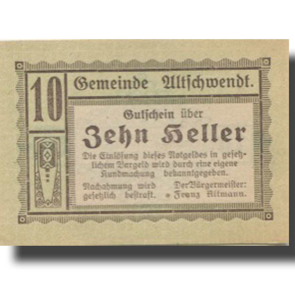 Banknote, Austria, Altschwendt, 10 Heller, valeur faciale, UNC(63), Mehl:FS 35Ia