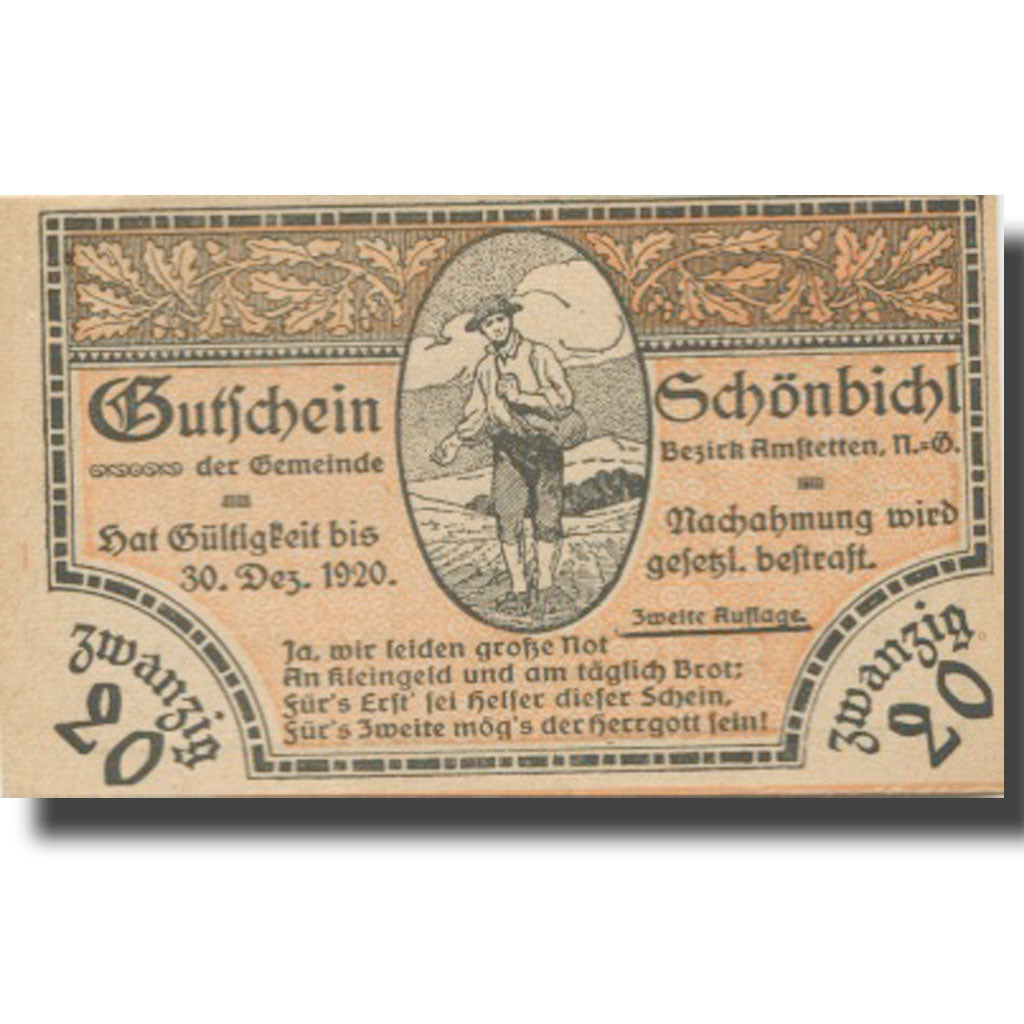 Geldschein, Österreich, Schönbichl, 20 Heller, champs, 1920 UNZ- Mehl:FS 969IIa