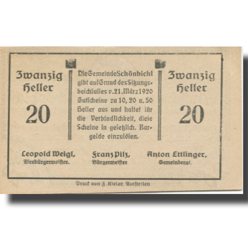 Geldschein, Österreich, Schönbichl, 20 Heller, champs, 1920 UNZ- Mehl:FS 969IIa