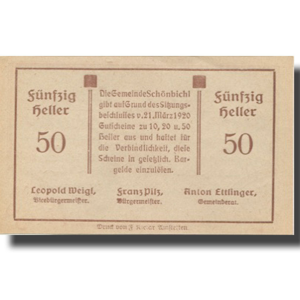 Billet, Autriche, Schönbichl, 50 Heller, champs 1, 1920 SPL Mehl:FS 969IIa
