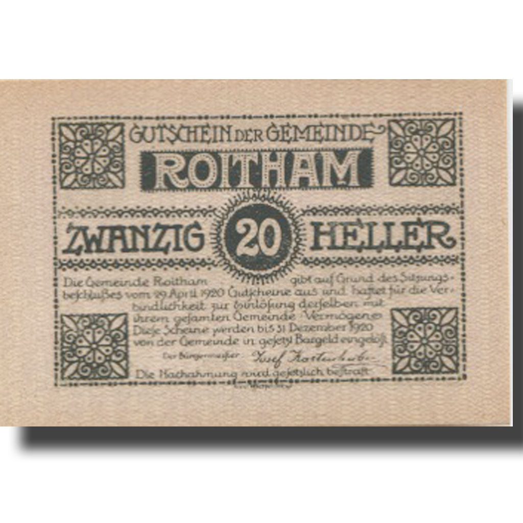 Banknote, Austria, Roitham, 20 Heller, village, 1920 UNC(63) Mehl:FS 843a