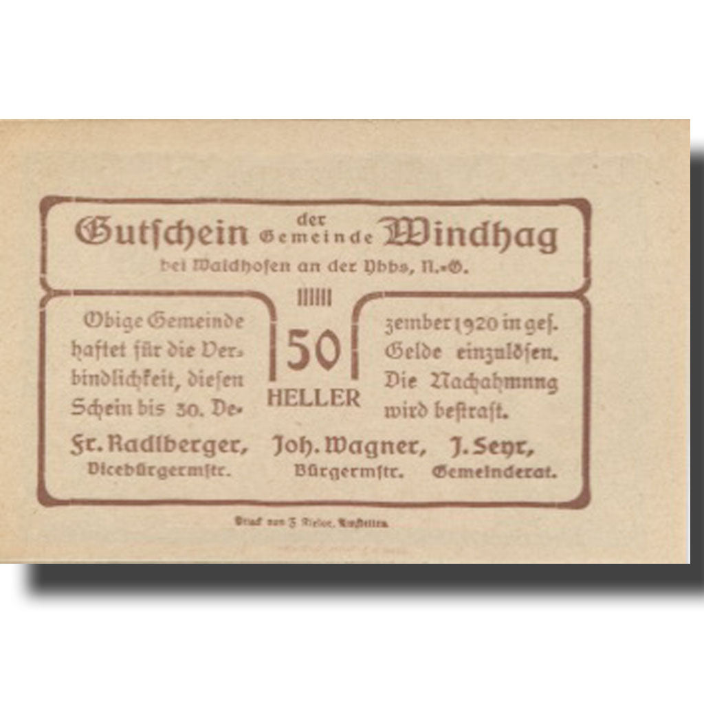 Banknote, Austria, Windhag, 50 Heller, montagne, 1920, UNC(63) Mehl:FS 1244e