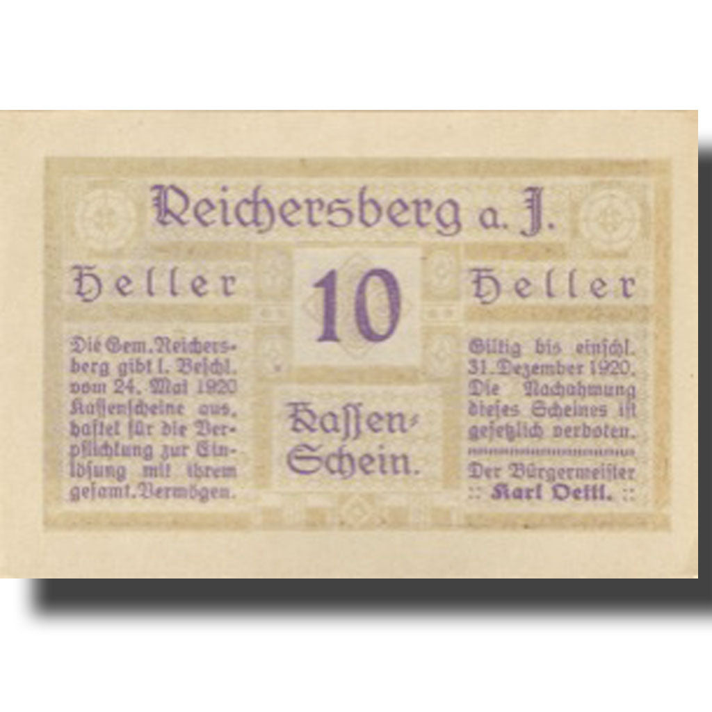 Banknote, Austria, Reichersberg, 10 Heller, château, 1920, UNC(63) Meh:FS 828Ic2