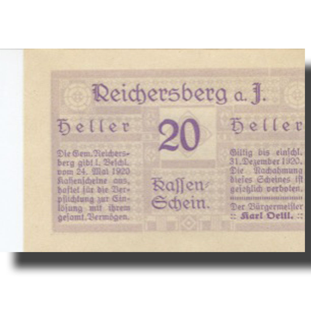Banknote, Austria, Reichersberg, 20Heller, château 1, 1920 UNC(63) Meh:FS 828Ic2