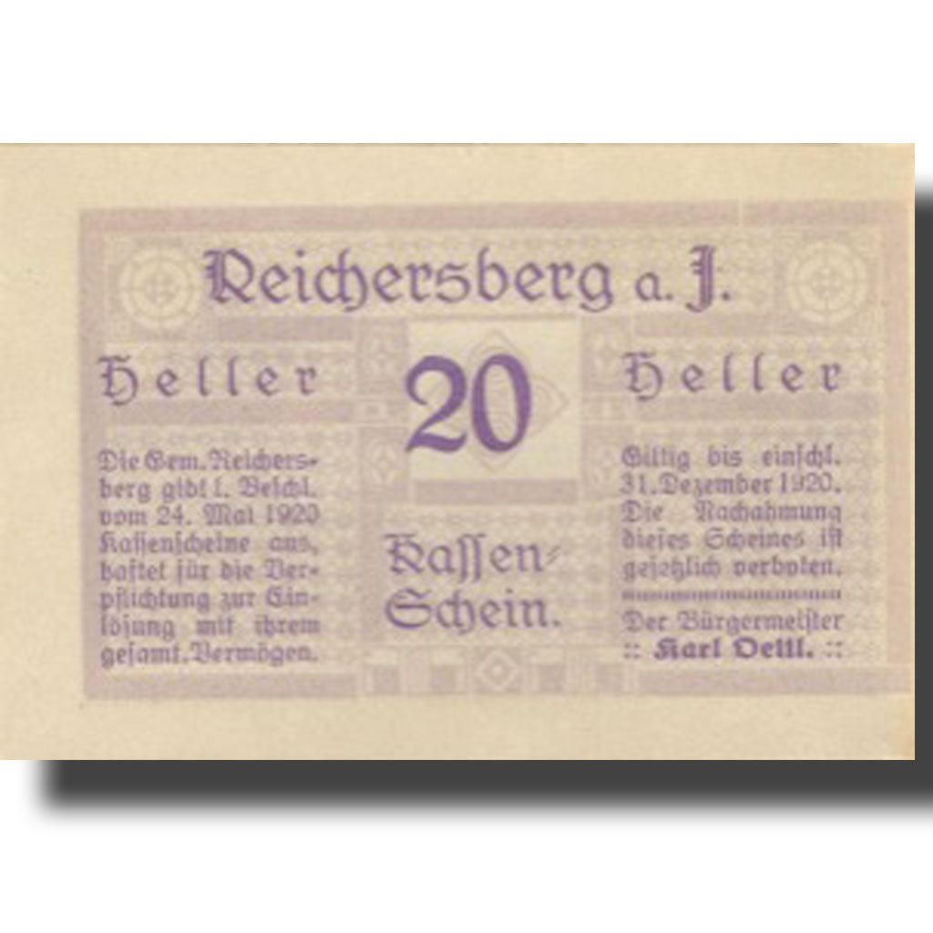 Banconote, Austria, Reichersberg, 50 Heller, château 2, 1920 SPL Meh:FS 828Ic2