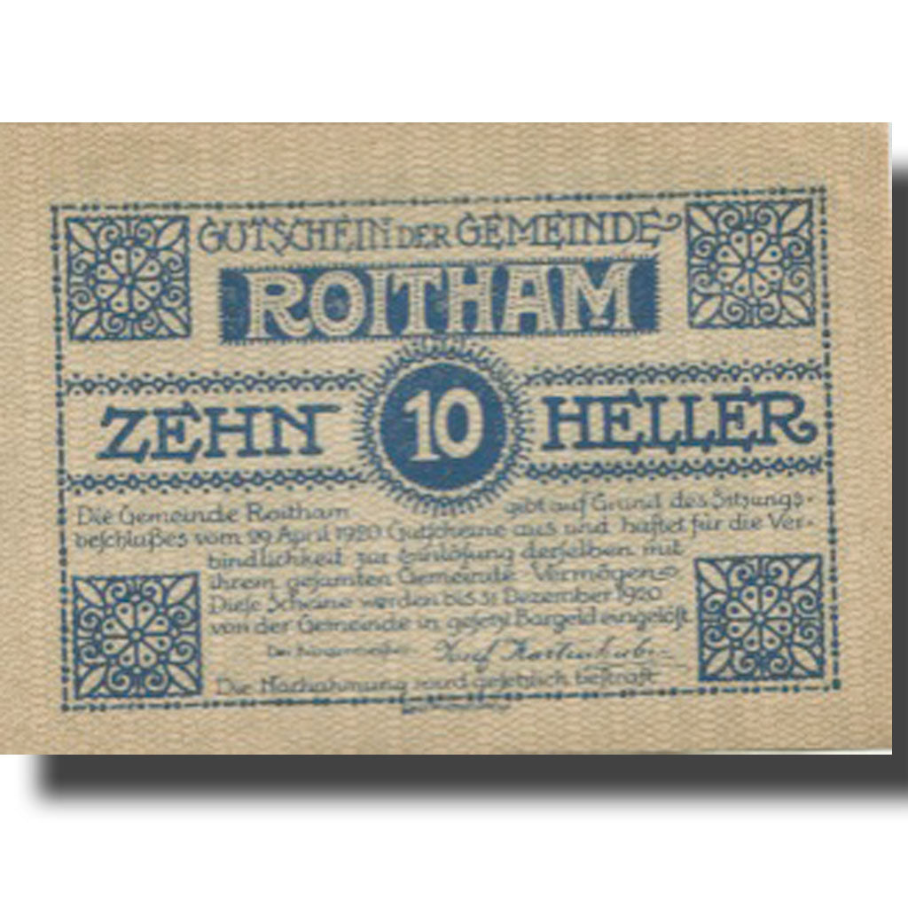 Banknote, Austria, Roitham, 10 Heller, village, 1920, UNC(63) Meh:FS 843a