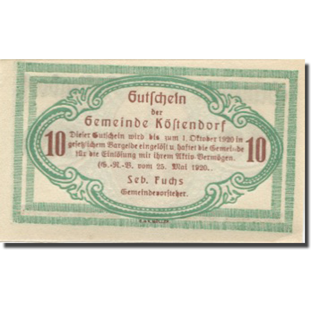 Banknote, Austria, Köstendorf, 10 Heller, Eglise, 1920 UNC(63) Meh:FS 469a