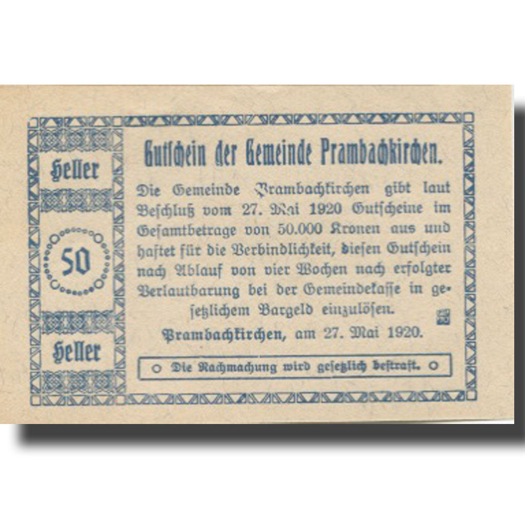 Banknote, Austria, Prambachkirchen, 50 Heller, château, 1920 UNC(63) Meh:FS 779a